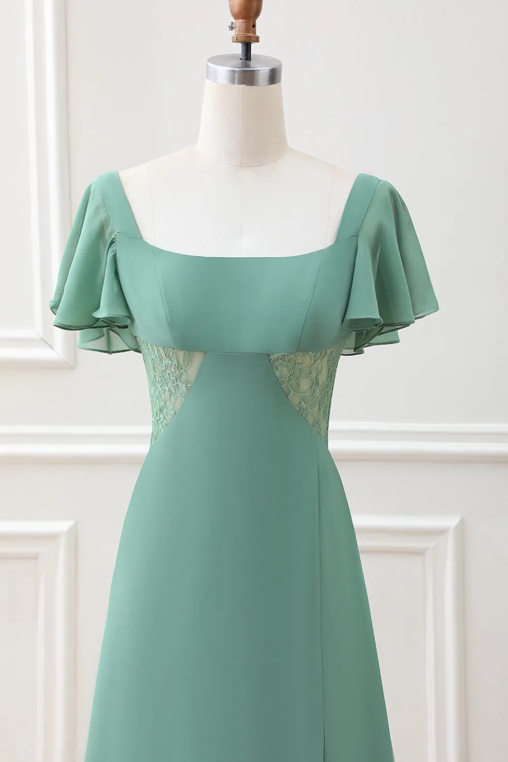 A Line Eucalyptus Square Neck Chiffon Tea-length Dress with Slit