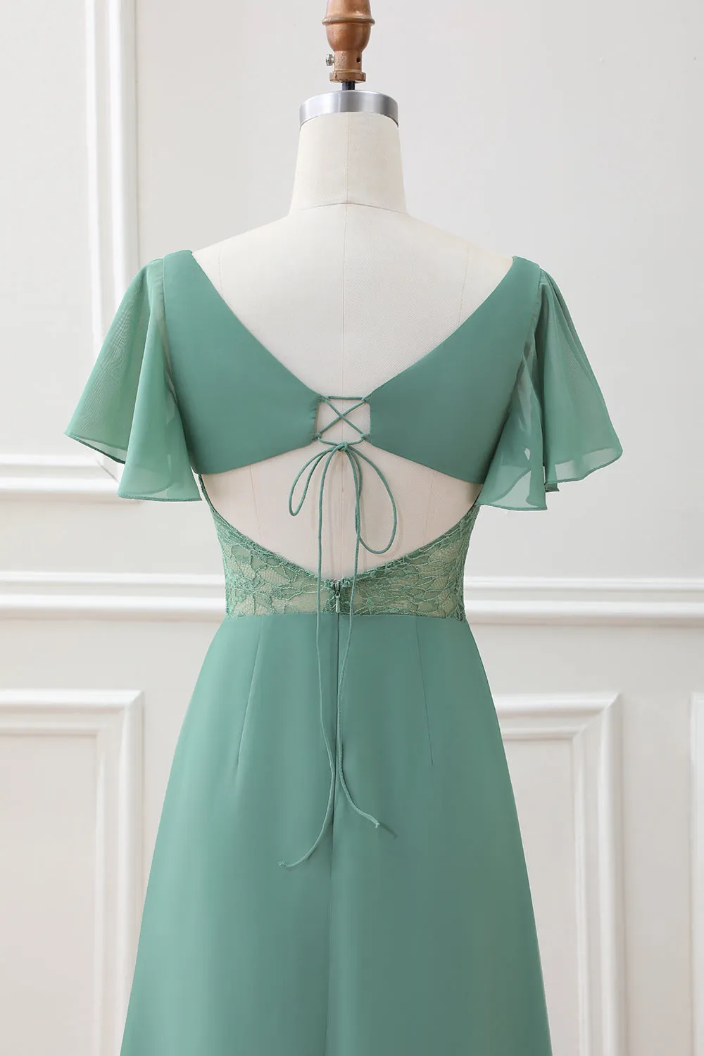 A Line Eucalyptus Square Neck Chiffon Tea-length Dress with Slit