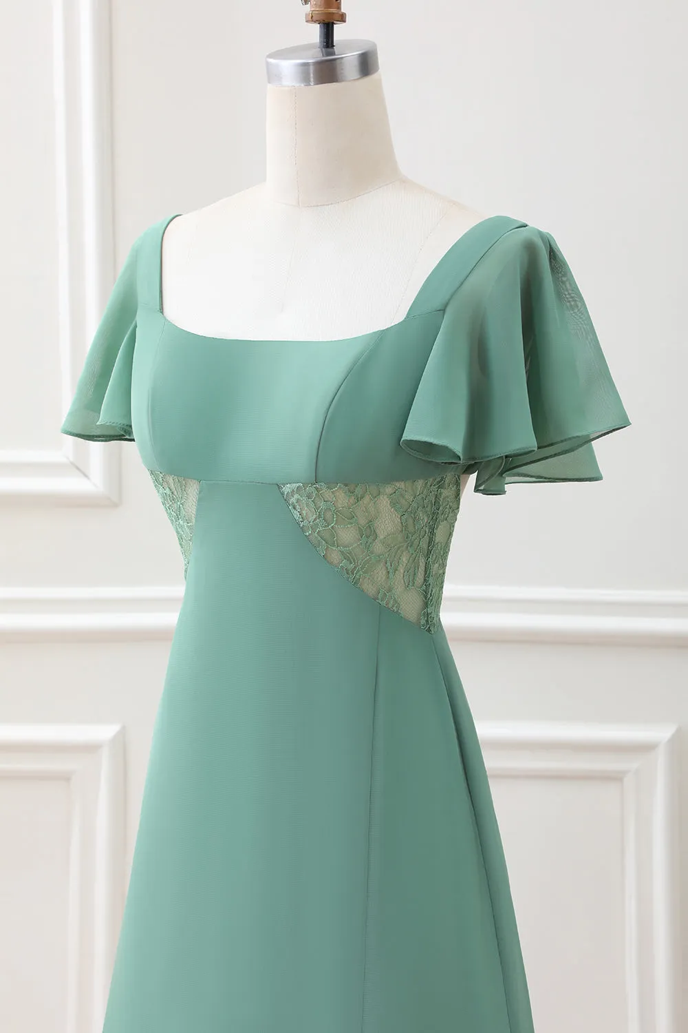 A Line Eucalyptus Square Neck Chiffon Tea-length Dress with Slit