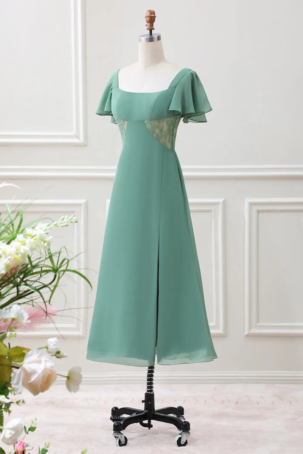 A Line Eucalyptus Square Neck Chiffon Tea-length Dress with Slit