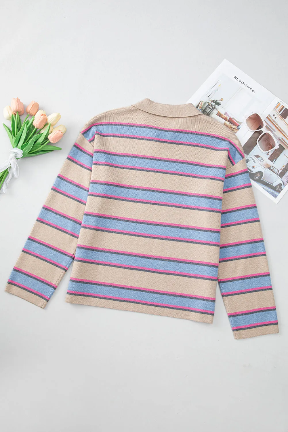 Apricot Stripe Collared V Neck Drop Shoulder Loose Sweater