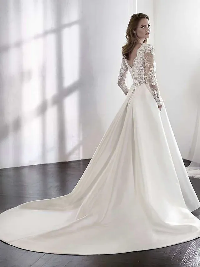 Beach Formal Wedding Dresses A-Line Long Sleeve Jewel Neck Satin With Lace Pleats