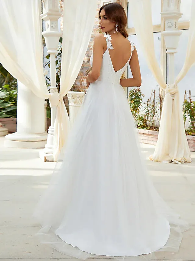 Beach Open Back Casual Wedding Dresses Floor Length A-Line Sleeveless V Wire V Neck Tulle With Crystals Appliques