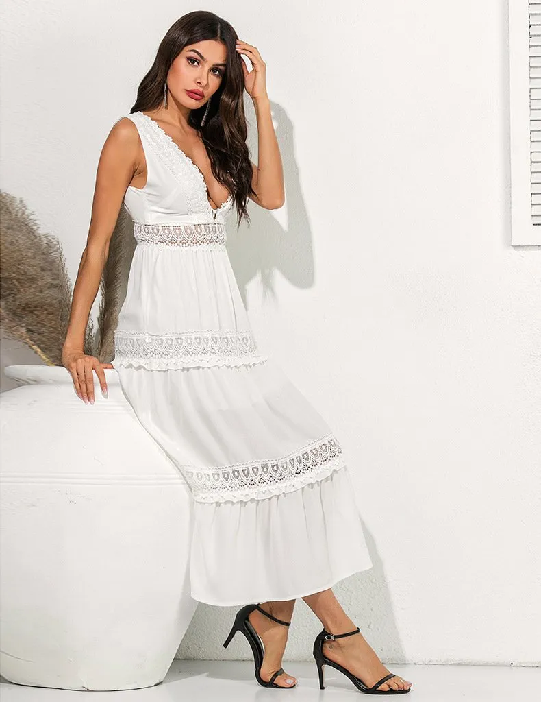 Beach White Chiffon Lace Patchwork Backless Maxi Dress