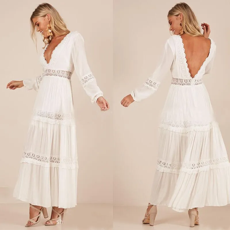 Beach White Chiffon Lace Patchwork Backless Maxi Dress