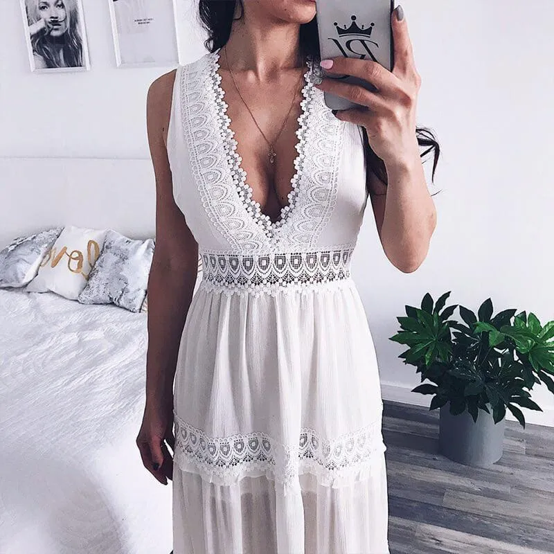 Beach White Chiffon Lace Patchwork Backless Maxi Dress