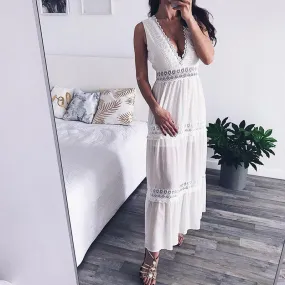 Beach White Chiffon Lace Patchwork Backless Maxi Dress