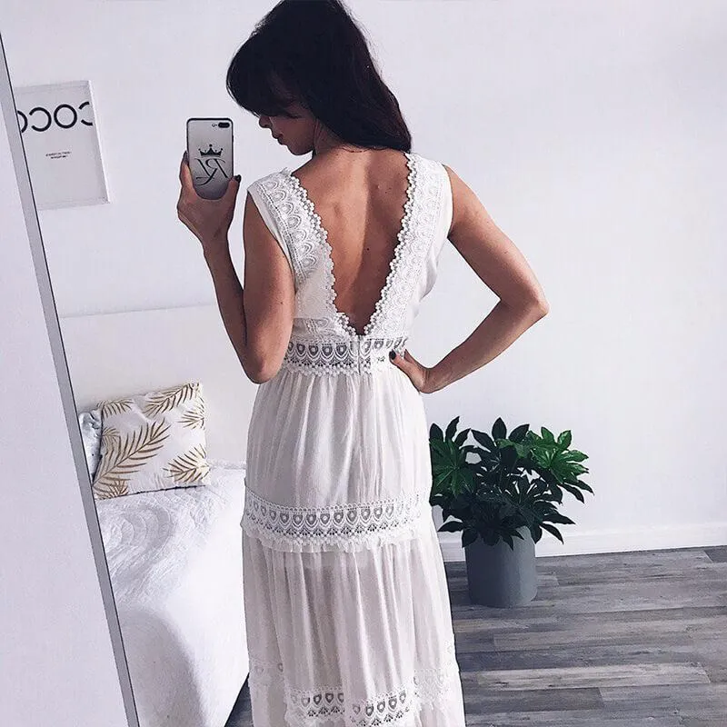 Beach White Chiffon Lace Patchwork Backless Maxi Dress