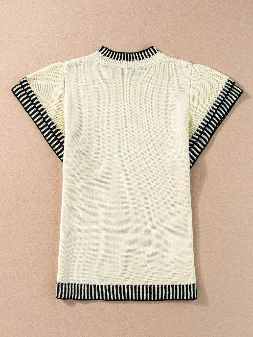 Beige Knitted Top with Batwing Sleeves and Contrast Trim