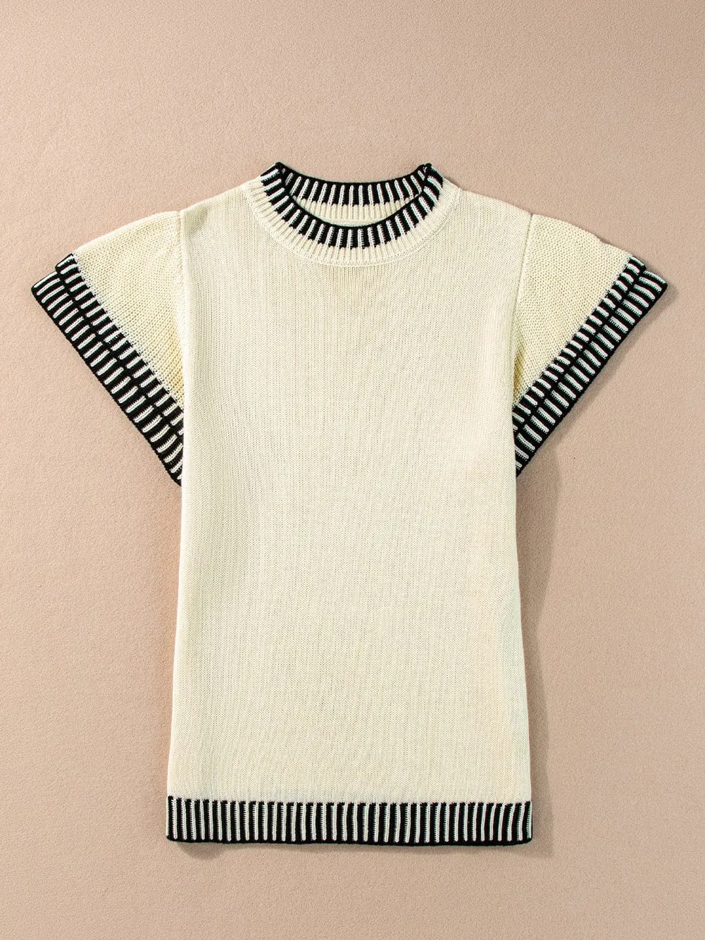 Beige Knitted Top with Batwing Sleeves and Contrast Trim