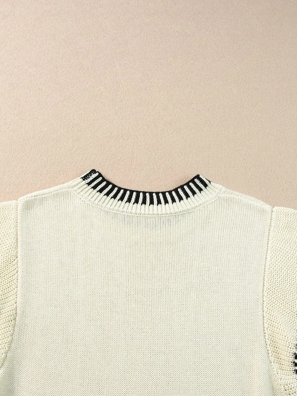 Beige Knitted Top with Batwing Sleeves and Contrast Trim