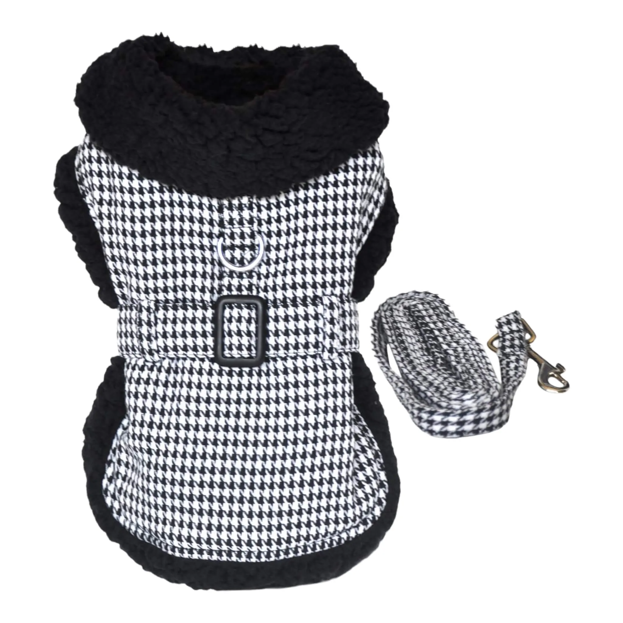 Black and White Classic Houndstooth Dog Harness Coat with Leash