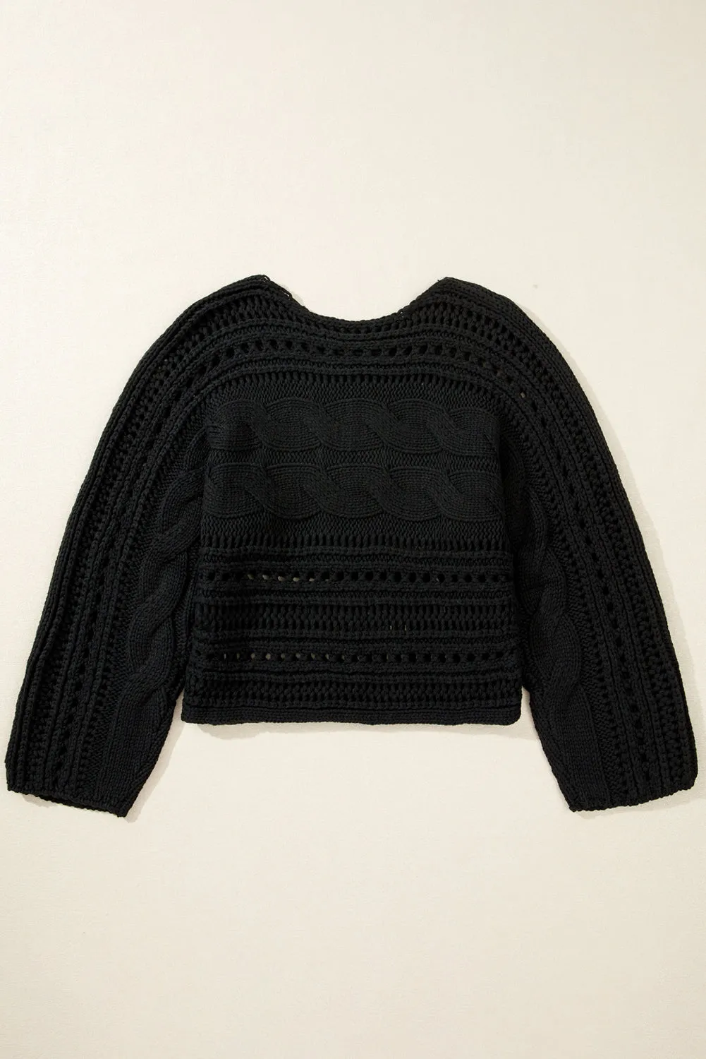 Black Hollow-out Cable Knit Cropped Sweater