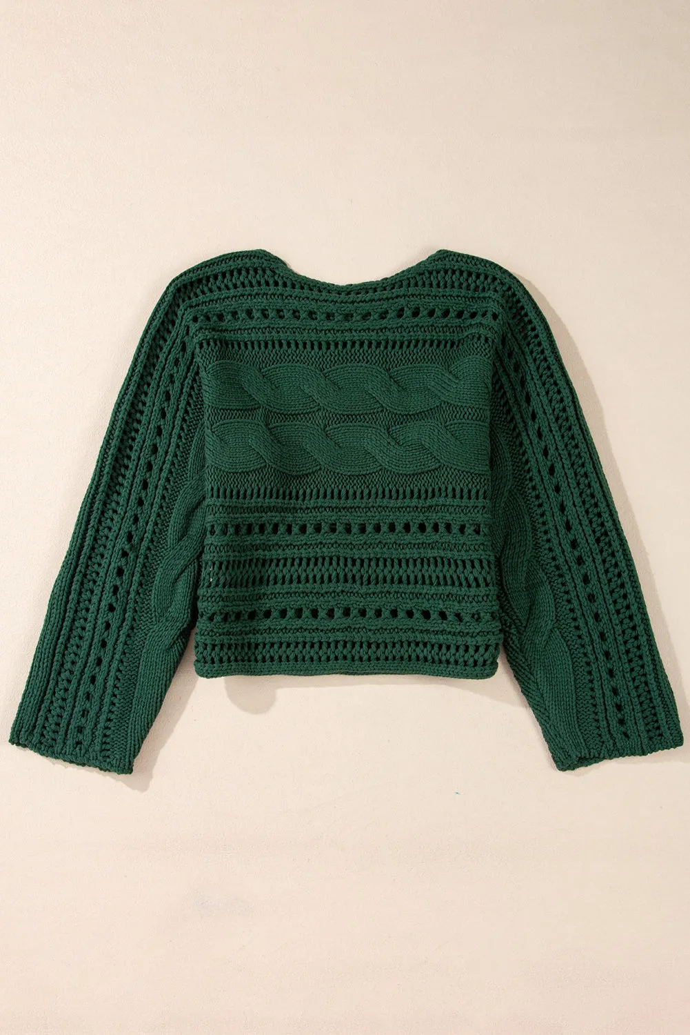 Blackish Green Hollow-out Cable Knit Cropped Sweater