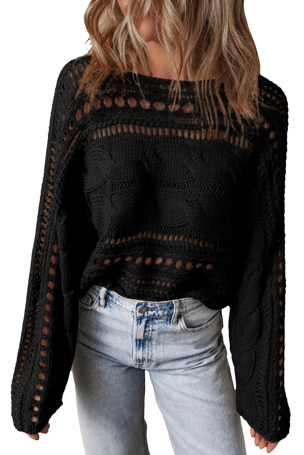 Blackish Green Hollow-out Cable Knit Cropped Sweater