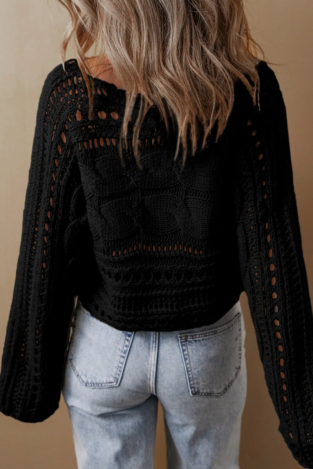 Blackish Green Hollow-out Cable Knit Cropped Sweater