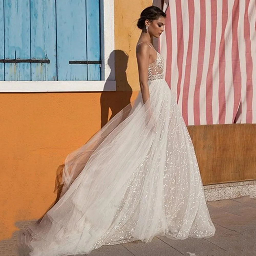 Boho Beading Lace Beach Wedding Dress