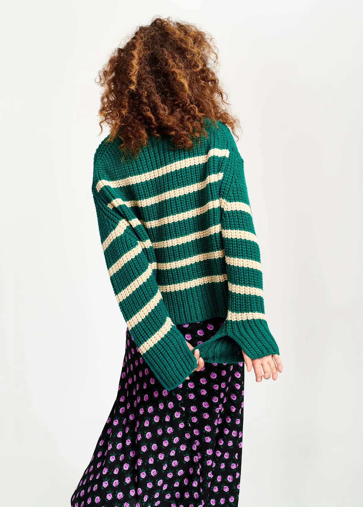 Bottle green and off-white striped ribbed-knit sweater