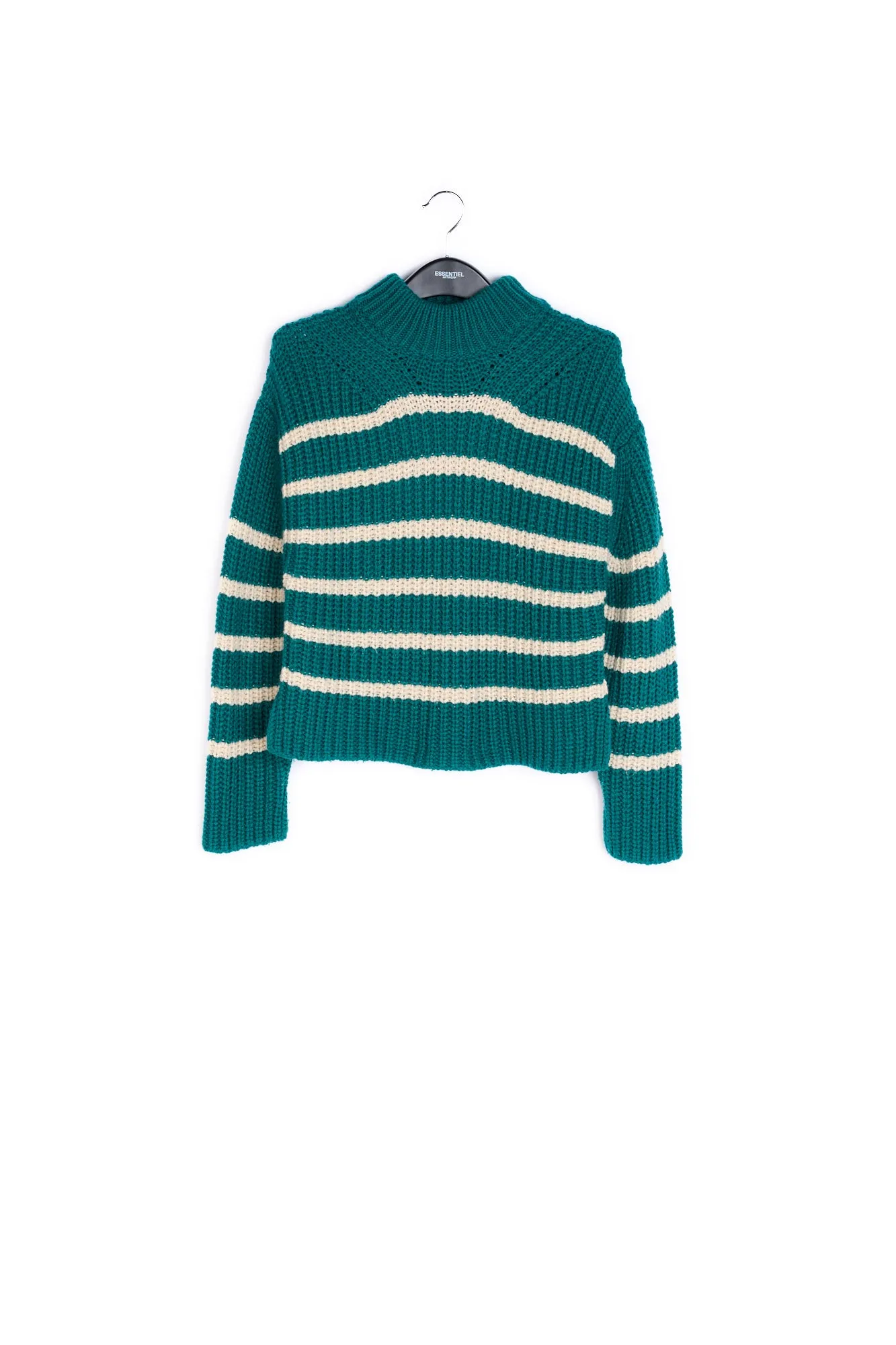 Bottle green and off-white striped ribbed-knit sweater