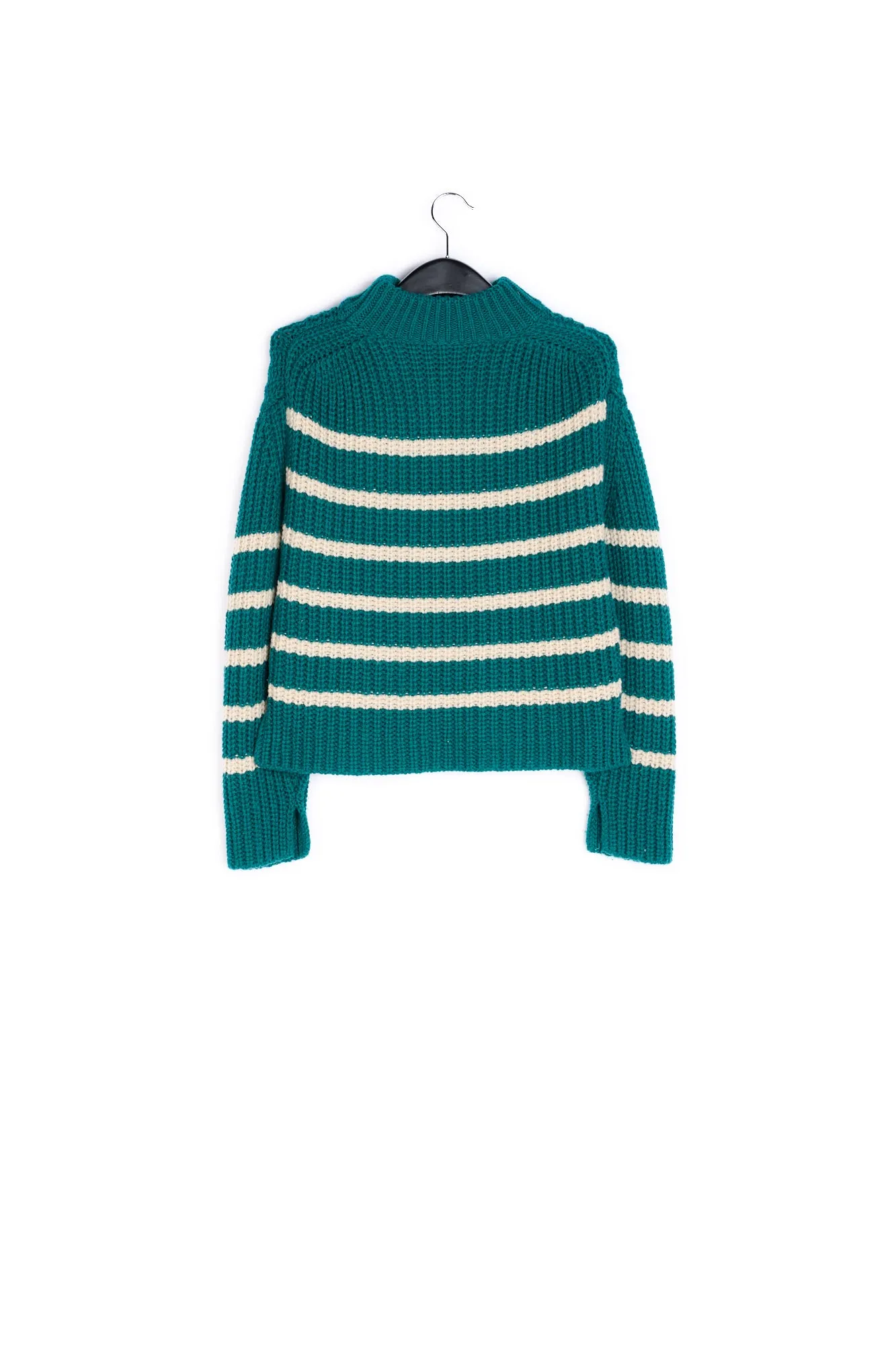 Bottle green and off-white striped ribbed-knit sweater