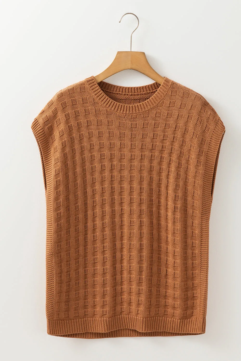 Camel Round Neck Textured Knit Sweater Vest