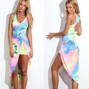 Colorful V-neck Irregular Sleeveless Beach Short Dress