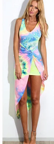 Colorful V-neck Irregular Sleeveless Beach Short Dress