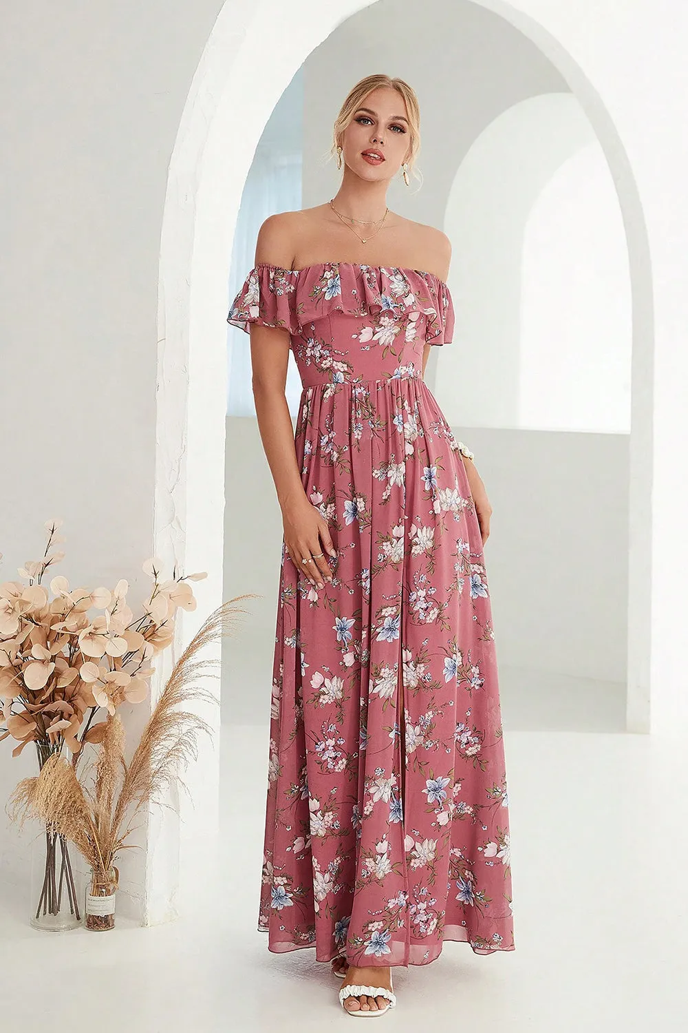 Coral Off the Shoulder Pleated Ruffled Floral Maxi Dress with Slit