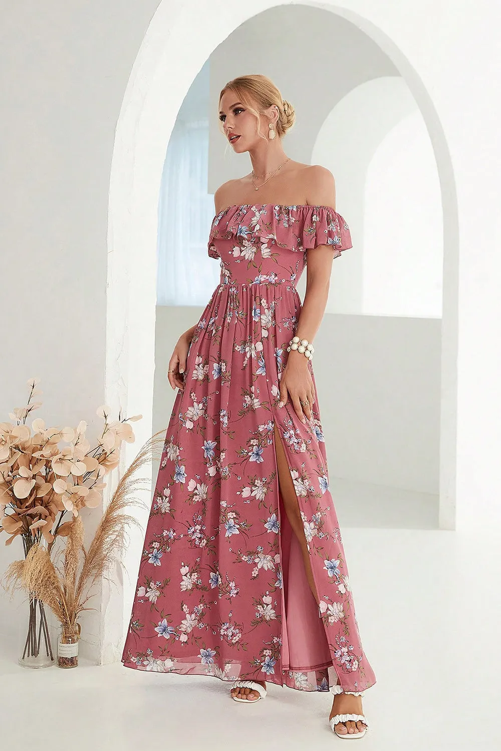 Coral Off the Shoulder Pleated Ruffled Floral Maxi Dress with Slit