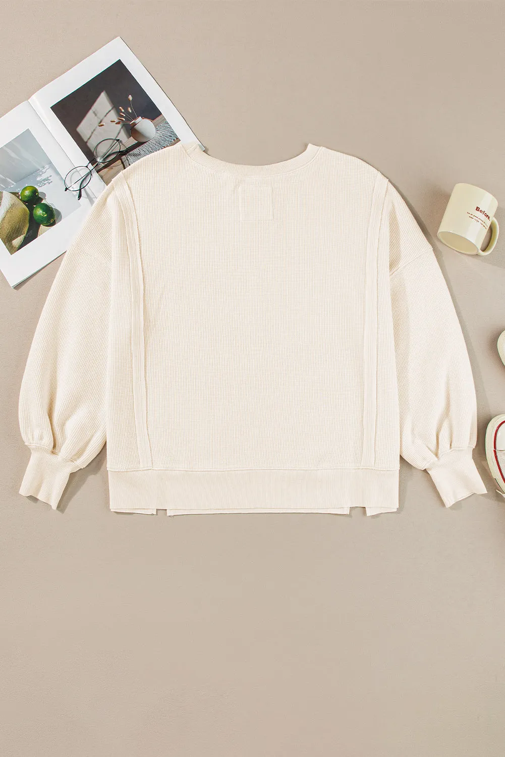 Cozy Chic Waffle Knit Bishop Sleeve Split Oversized Sweatshirt