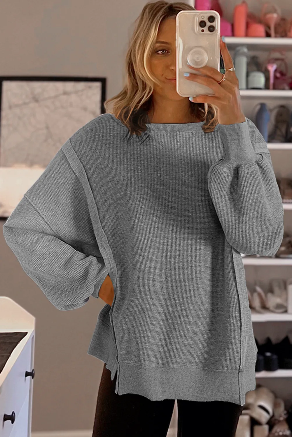 Cozy Chic Waffle Knit Bishop Sleeve Split Oversized Sweatshirt