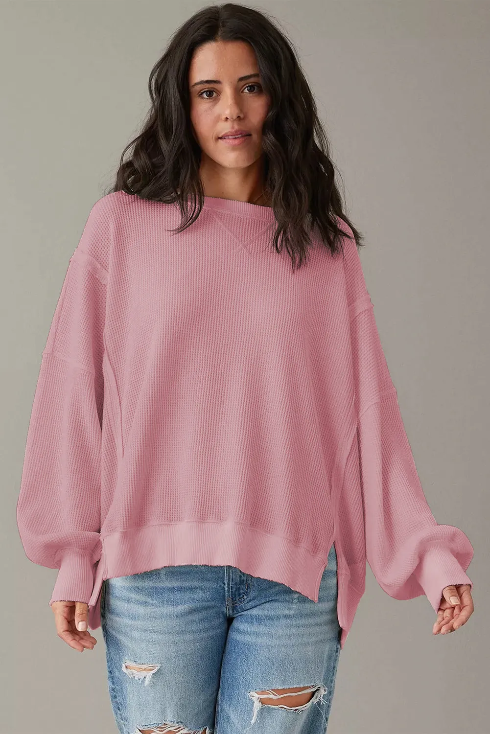 Cozy Chic Waffle Knit Bishop Sleeve Split Oversized Sweatshirt