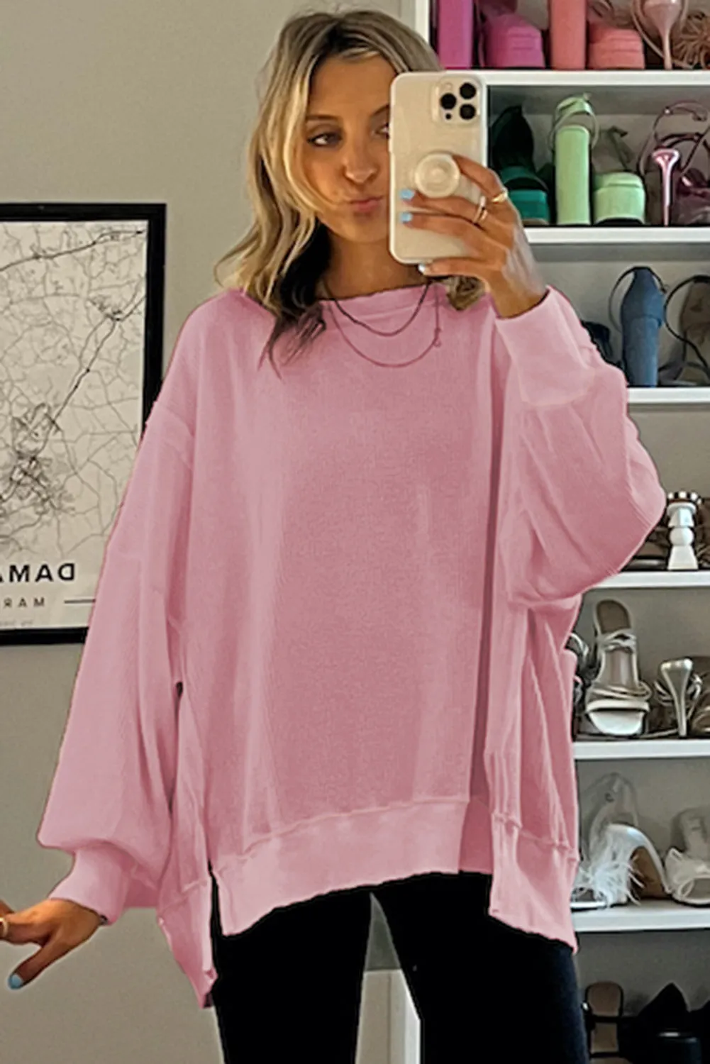 Cozy Chic Waffle Knit Bishop Sleeve Split Oversized Sweatshirt