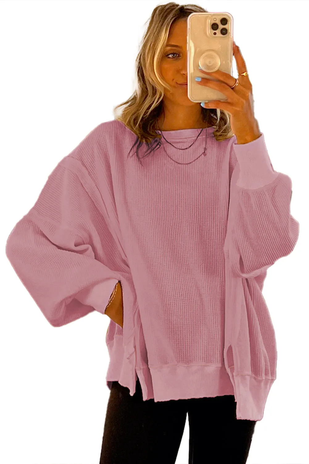 Cozy Chic Waffle Knit Bishop Sleeve Split Oversized Sweatshirt