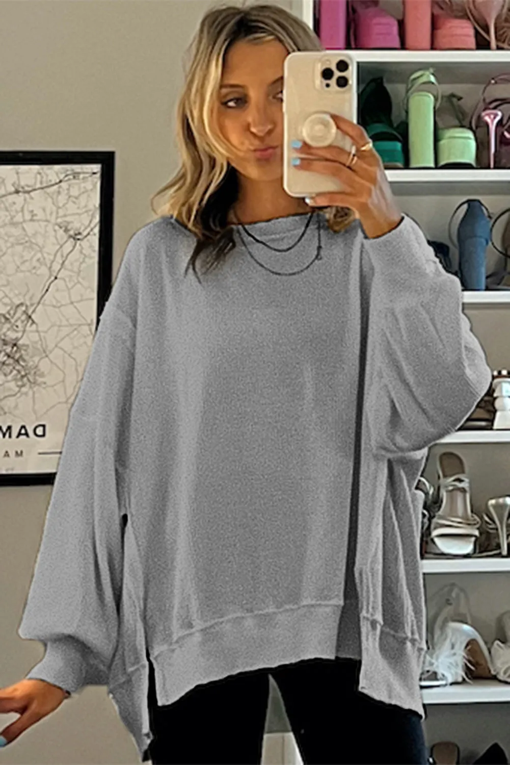 Cozy Chic Waffle Knit Bishop Sleeve Split Oversized Sweatshirt