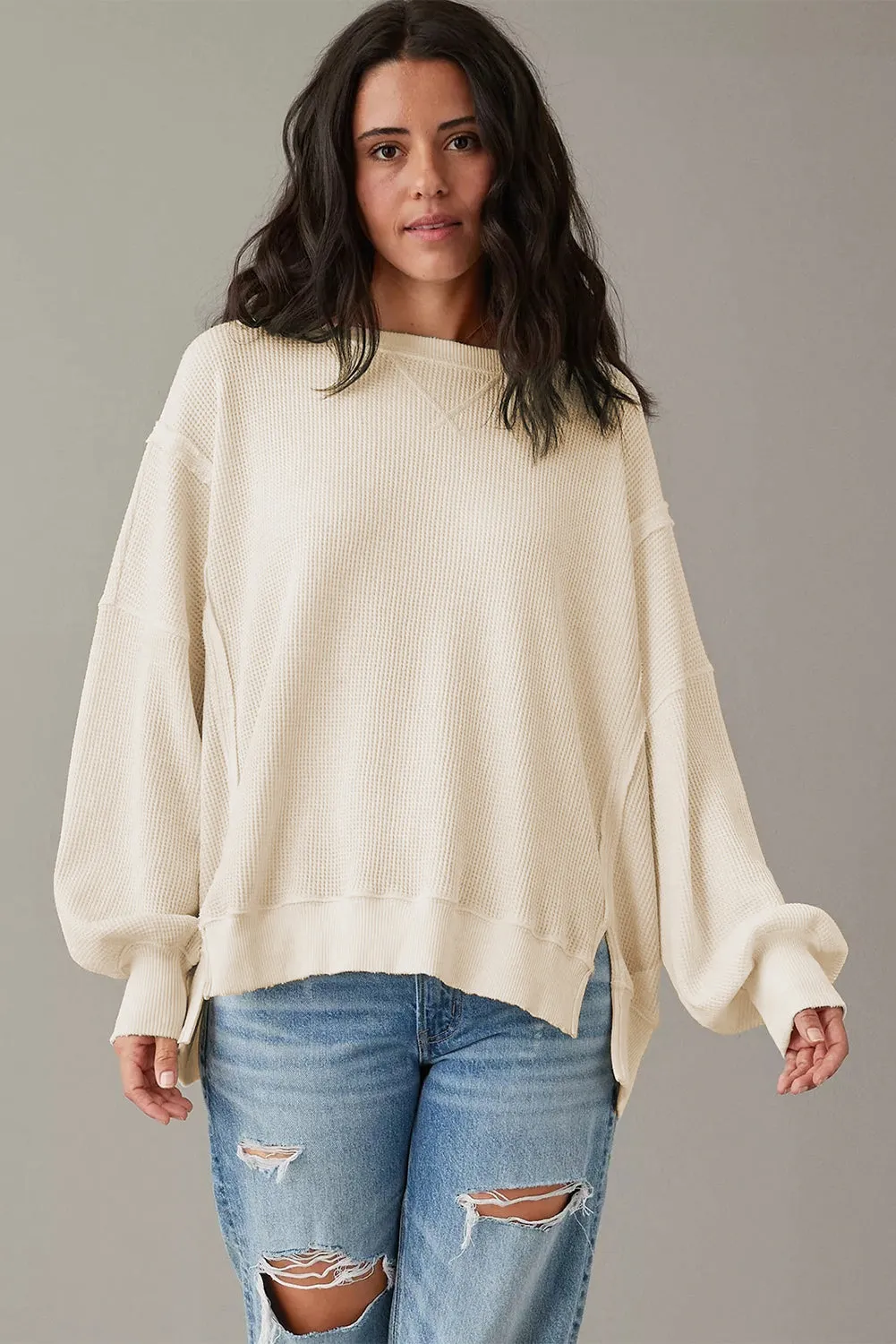 Cozy Chic Waffle Knit Bishop Sleeve Split Oversized Sweatshirt