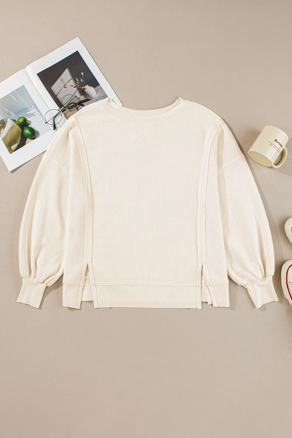 Cozy Chic Waffle Knit Bishop Sleeve Split Oversized Sweatshirt