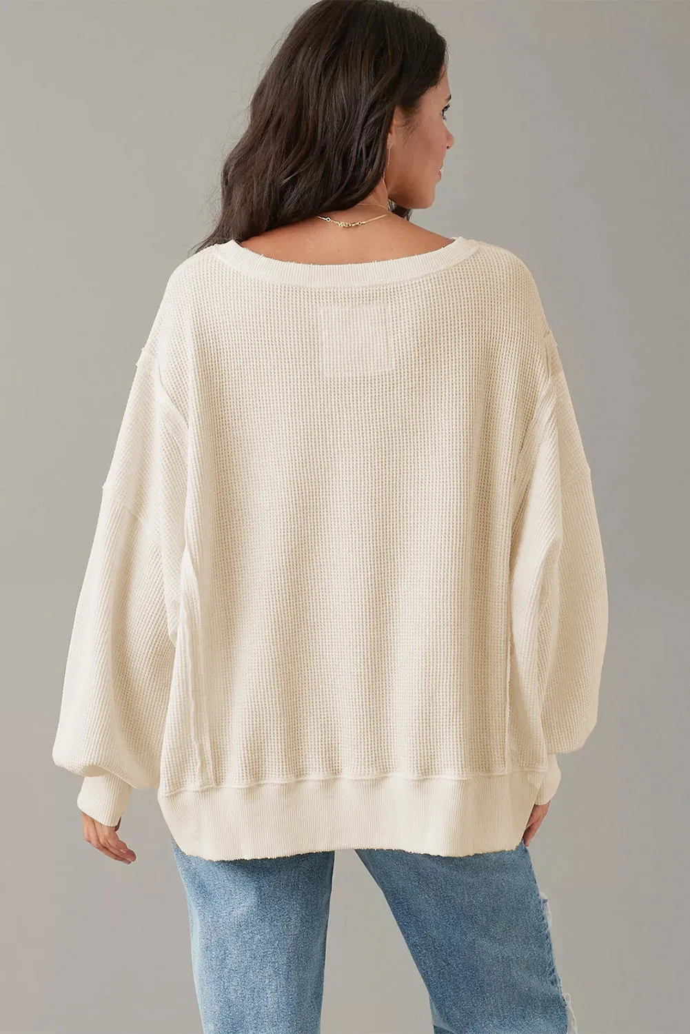 Cozy Chic Waffle Knit Bishop Sleeve Split Oversized Sweatshirt