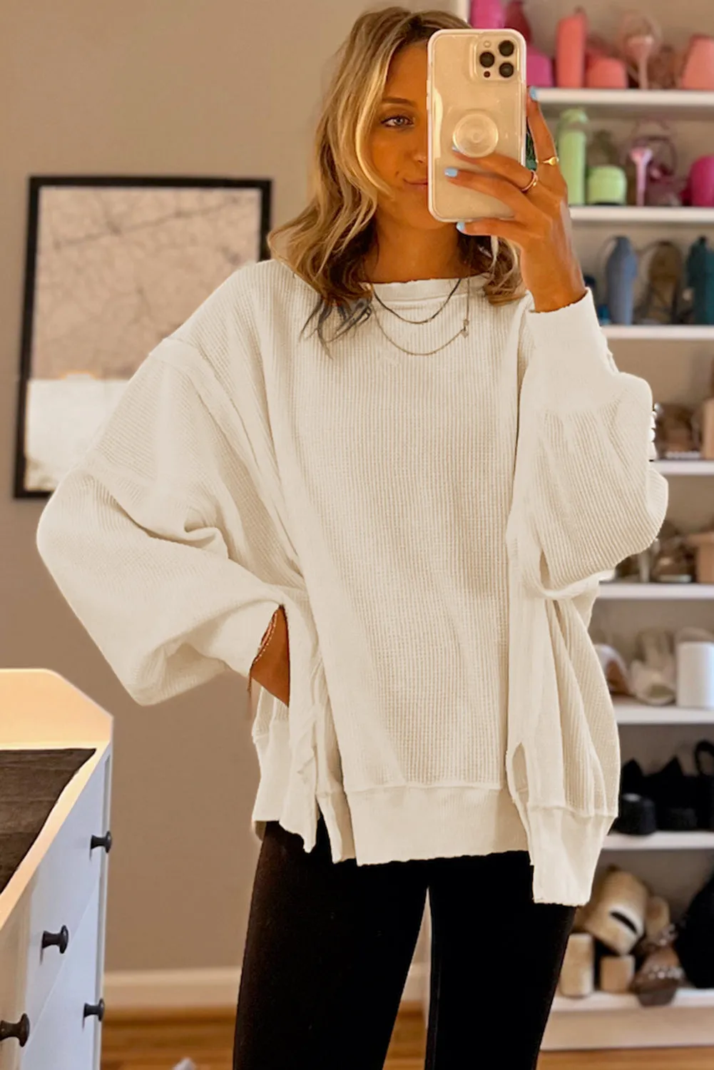 Cozy Chic Waffle Knit Bishop Sleeve Split Oversized Sweatshirt