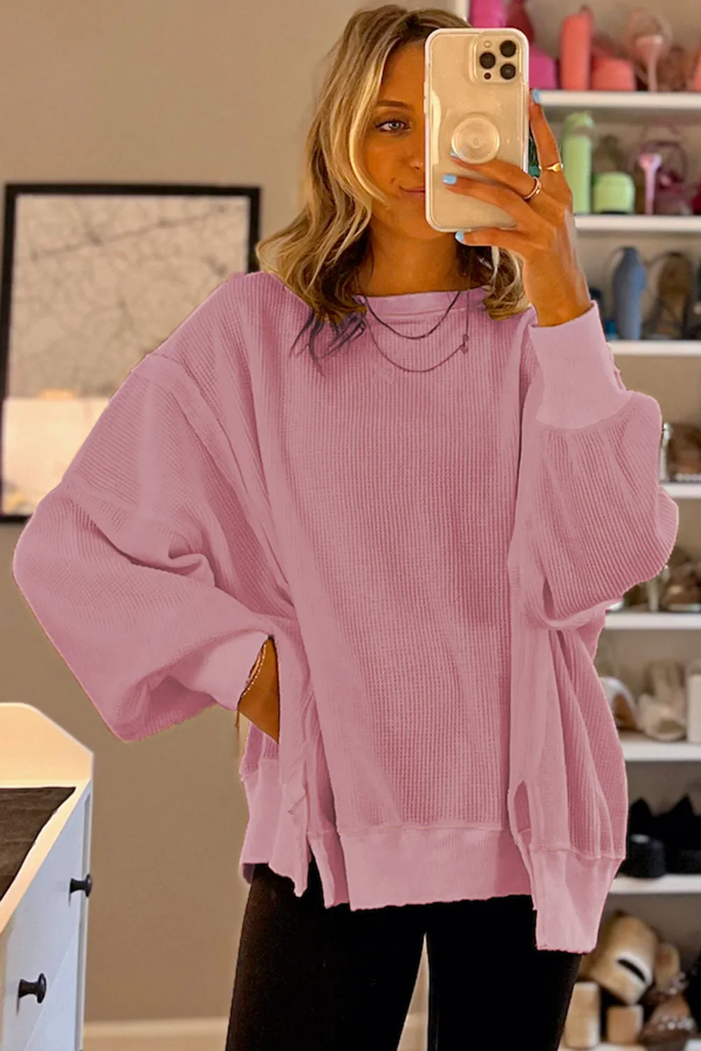 Cozy Chic Waffle Knit Bishop Sleeve Split Oversized Sweatshirt