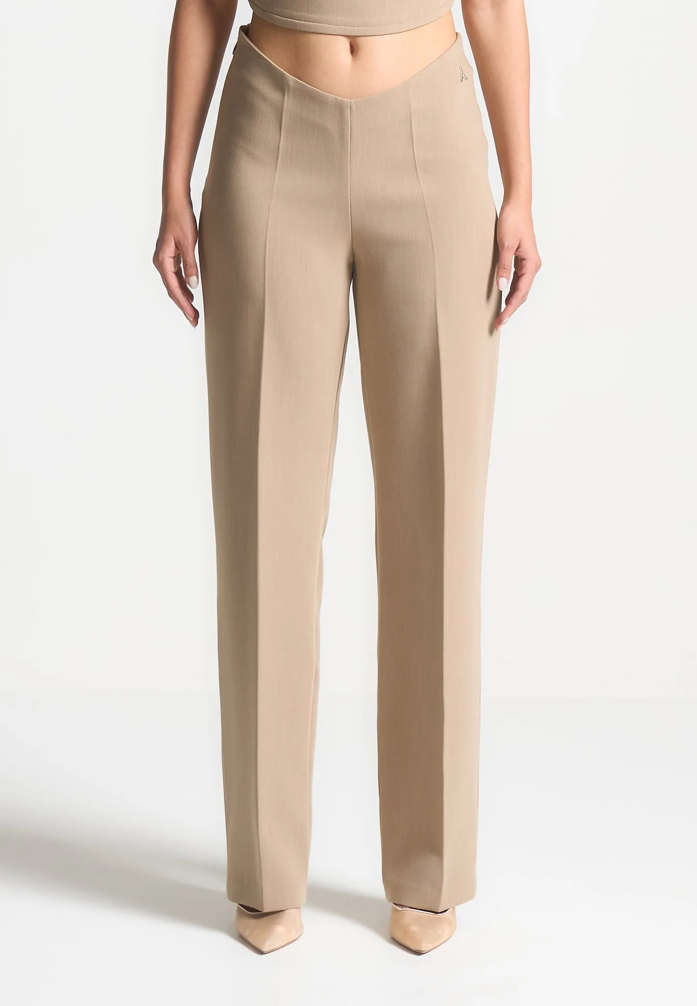 Curved Waist Tailored Trousers - Dark Beige