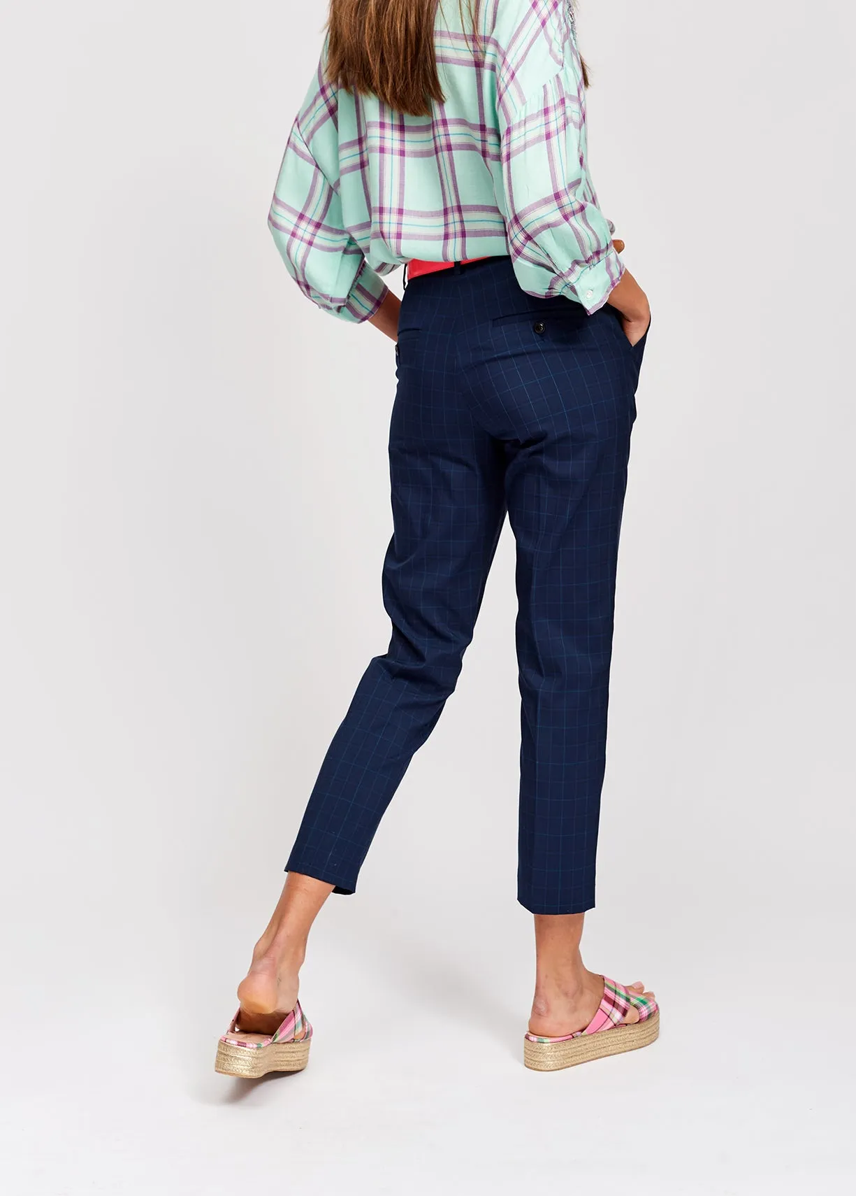 Dark blue plaid tailored trousers