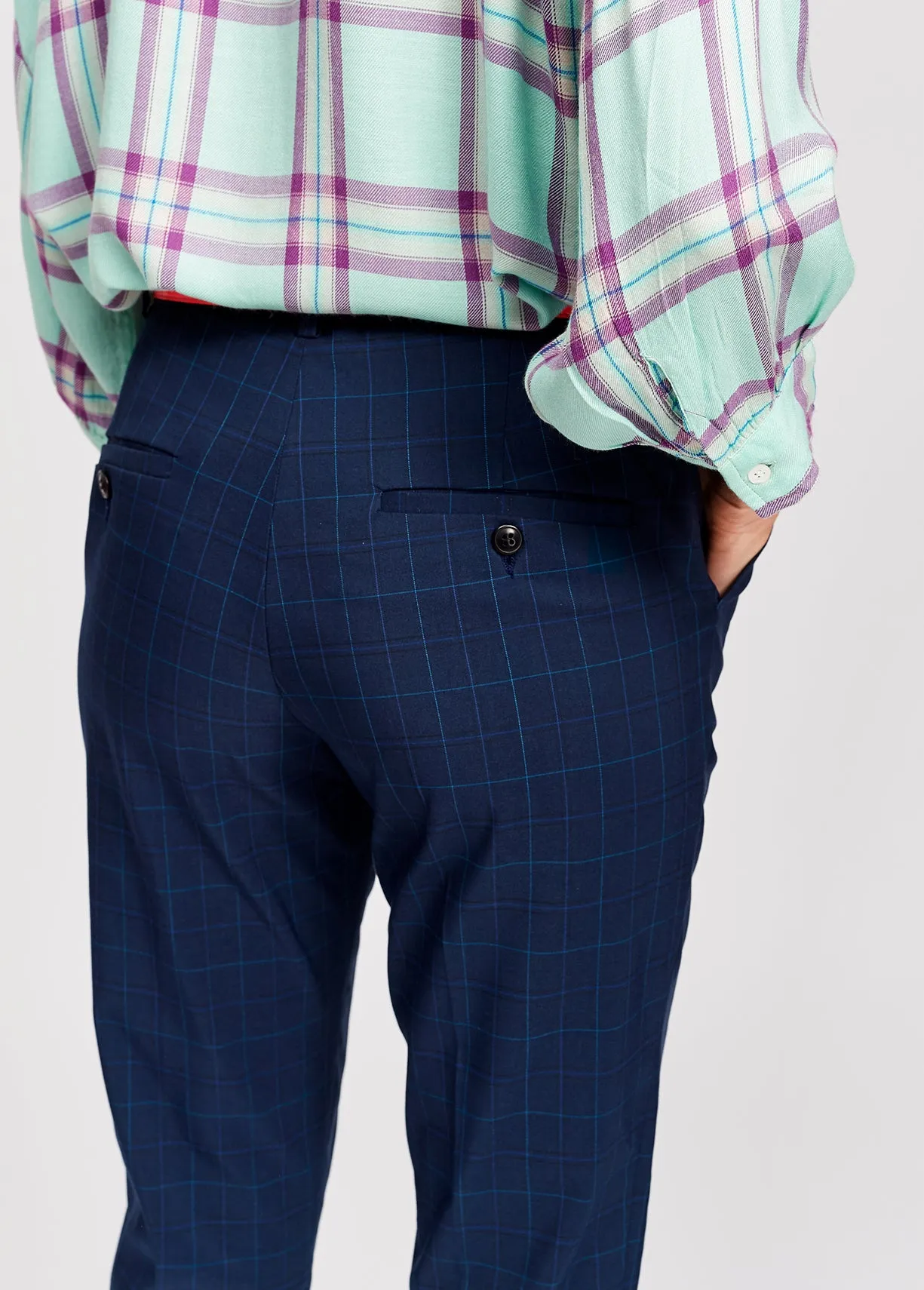 Dark blue plaid tailored trousers