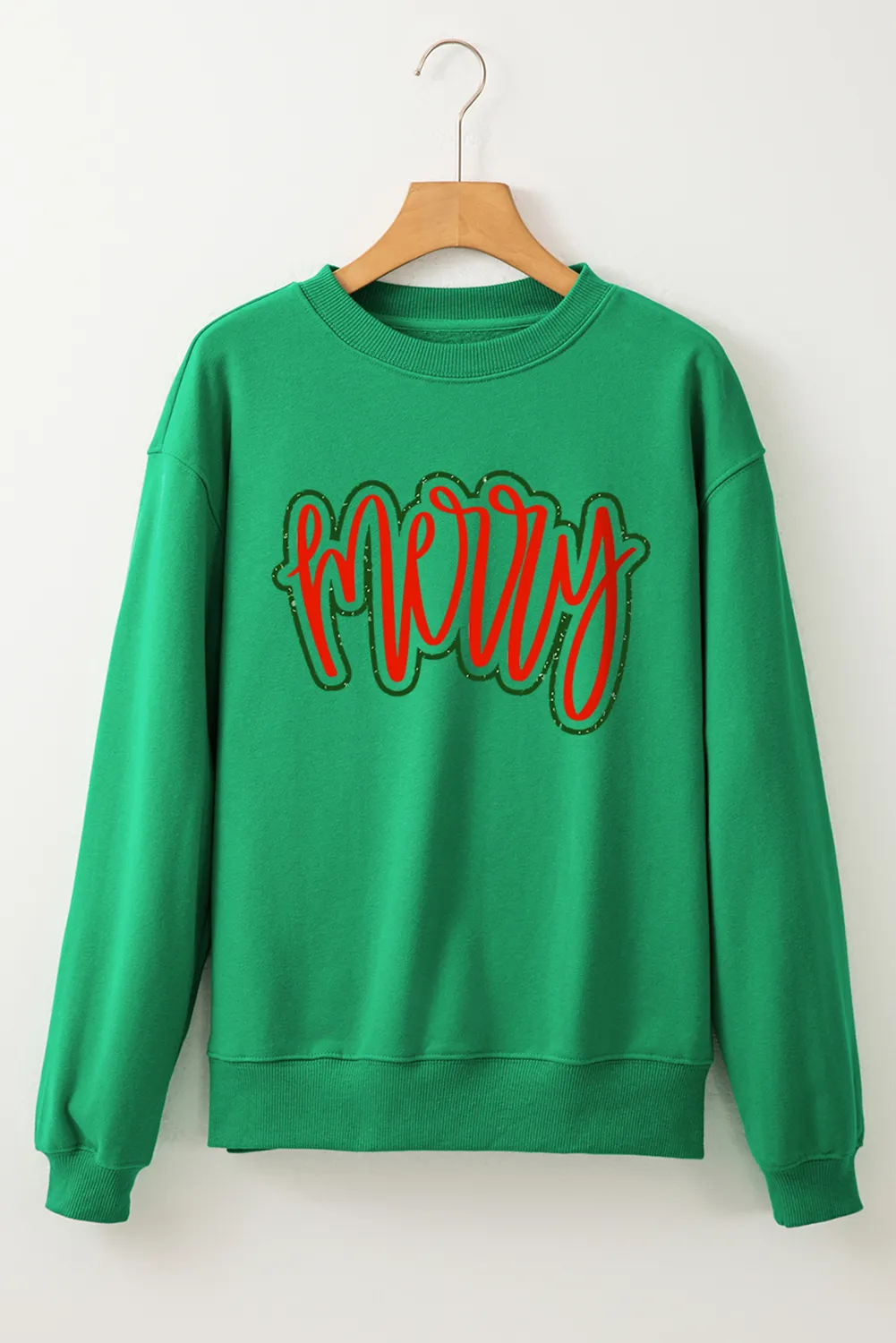 Dark Green Merry Print Fleece Lined Drop Shoulder Christmas Sweatshirt