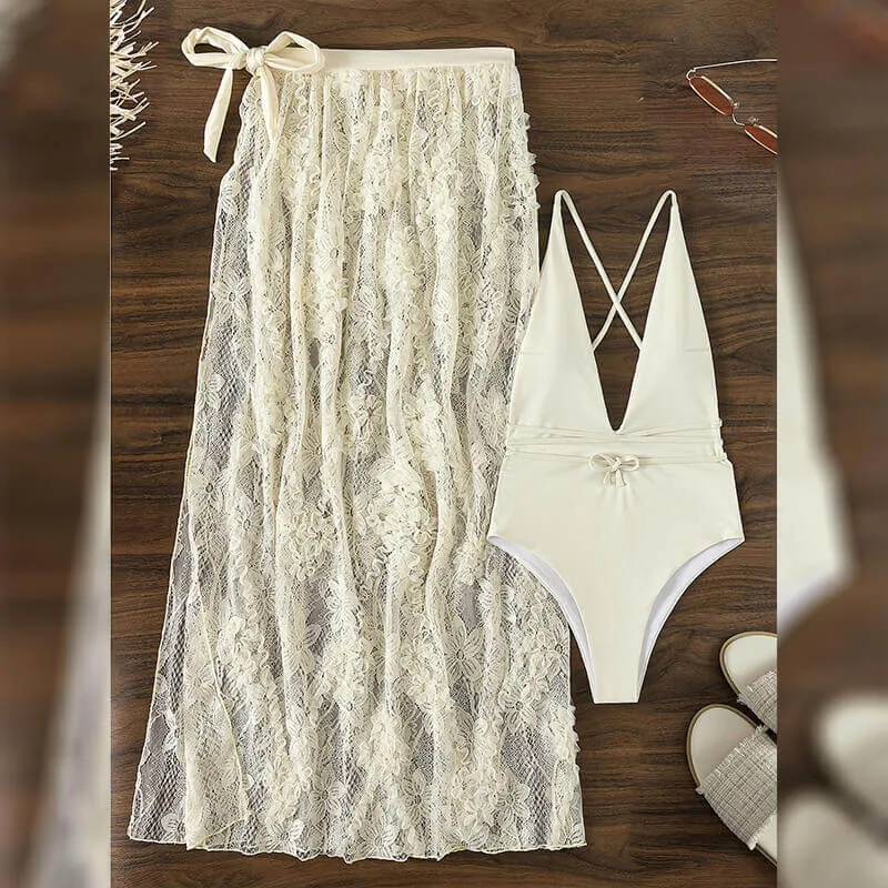 Deep V Backless One-piece Swimsuit With Lace Beach Skirt