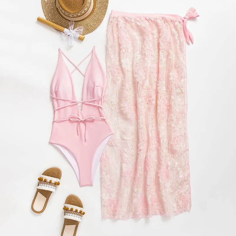 Deep V Backless One-piece Swimsuit With Lace Beach Skirt