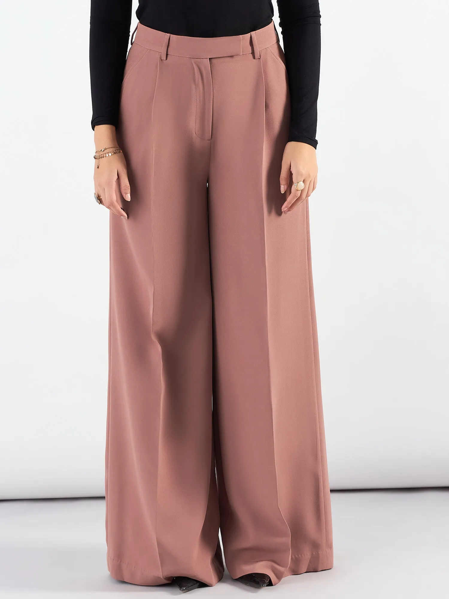 Dusty Peach Classic Relaxed Straight Fit High Waist Wide Leg Trouser In Stretchable Fabric