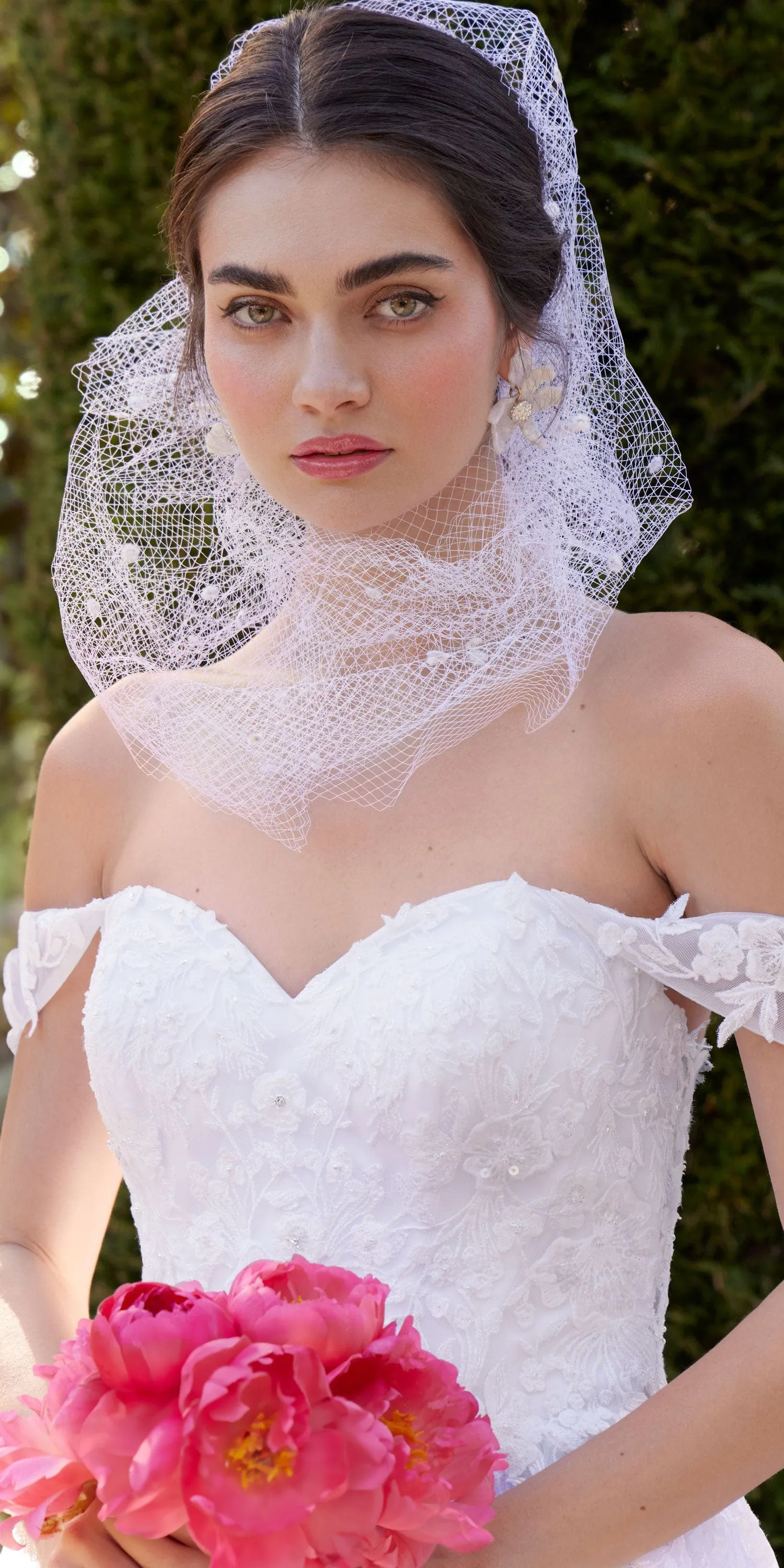 Embroidered Off the Shoulder Tulle Ballgown with Floral Detail