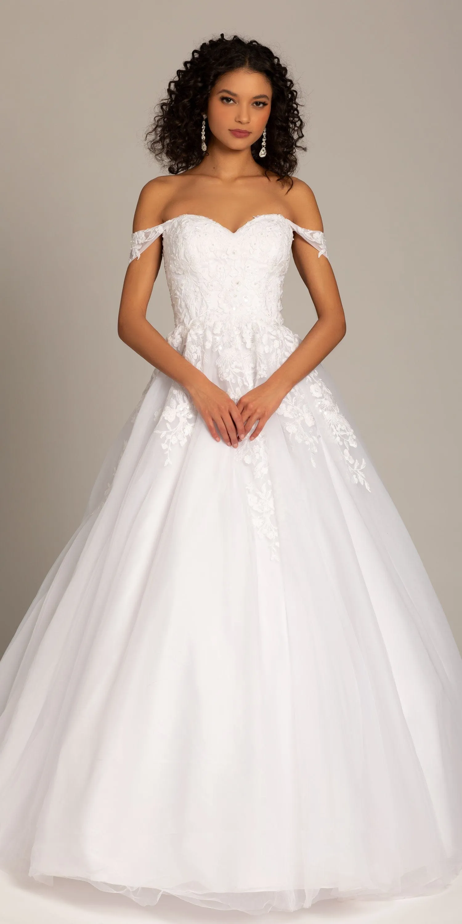 Embroidered Off the Shoulder Tulle Ballgown with Floral Detail