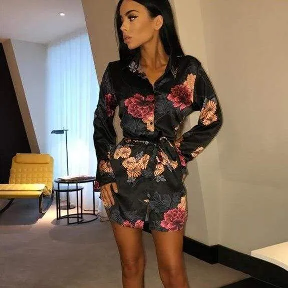 FashionSierra - Summer Women Silk Satin Shirt Dress Ladies Print Floral Long Sleeve Loose Short Mini Dresses Beach Party Dress